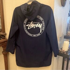STUSSY Navy Graphic Lightweight Snap Button Hoodie Jacket Size Small-Unisex